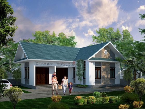 Hệ cửa làm bằng gỗ và một phần tường được ốp gạch tạo nên điển nhấn cho căn nhà. Mẫu Thiết kế này khá đặc biệt ở chỗ có đến 2 cửa chính: 1 cửa vào phòng khách, cửa còn lại vào phòng thờ