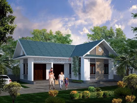 Hệ cửa làm bằng gỗ và một phần tường được ốp gạch tạo nên điển nhấn cho căn nhà. Mẫu Thiết kế này khá đặc biệt ở chỗ có đến 2 cửa chính: 1 cửa vào phòng khách, cửa còn lại vào phòng thờ