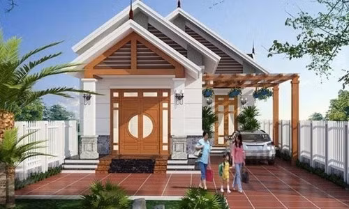 Căn nhà này có thiết kế ấn tượng và đẹp mắt, sở hữu một khoảng sân khá rộng, phần hông nhà tận dụng làm nơi đậu xe ô tô vô cùng tiện lợi