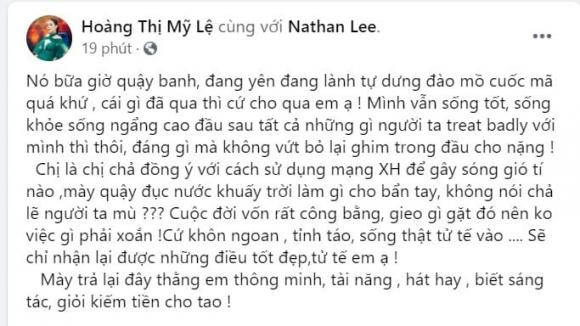 Nathan Lee quậy banh showbiz, Mỹ Lệ nhắn: Trả lại thằng em thông minh cho tao Nathan Lee quay banh showbiz, My Le nhan: Tra lai thang em thong minh cho tao