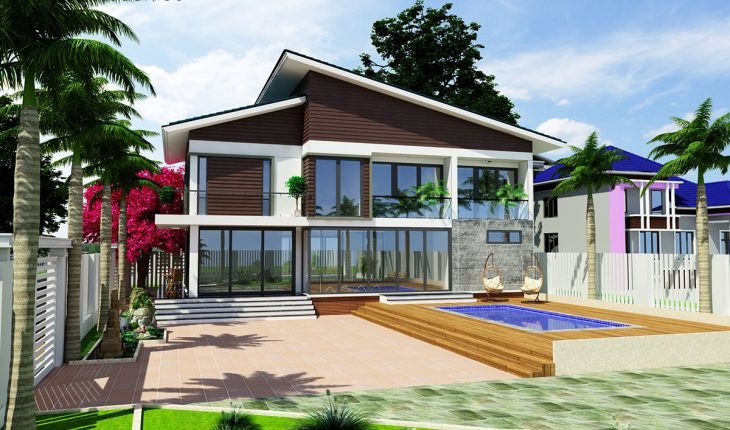  Với bể bơi ở mặt tiền, căn biệt thự 2 tầng này trở thành không gian nghỉ dưỡng lý tưởng. Nhờ sử dụng hệ thống cửa kính, căn biệt thự có thể lấy được ánh sáng tốt, giúp không gian bên trong và bên ngoài gần với nhau hơn.