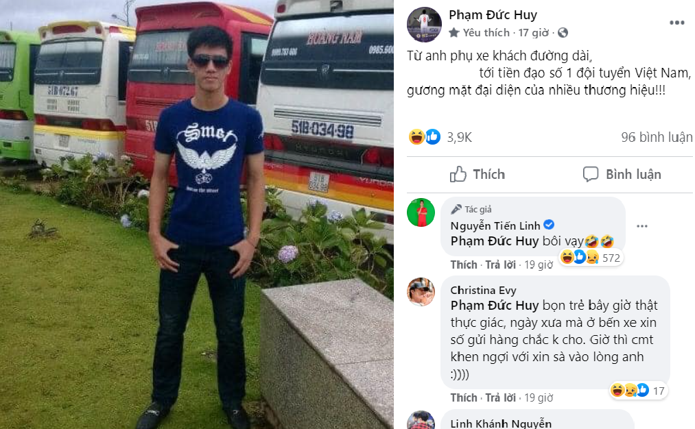 Trò "đào" ảnh cũ bắt đầu khi Phạm Đức Huy bình luận dưới bài đăng của Nguyễn Tiến Linh bằng bức ảnh thời ngố tàu của tiền đạo Becamex Bình Dương. "Từ anh phụ xe khách đường dài tới tiền đạo số 1 đội tuyển Việt Nam, gương mặt đại diện của nhiều thương hiệu", Đức Huy trêu chọc. Tấm hình nhanh chóng được fan của Tiến Linh chia sẻ lại trên các diễn đàn về bóng đá. Ảnh chụp màn hình.