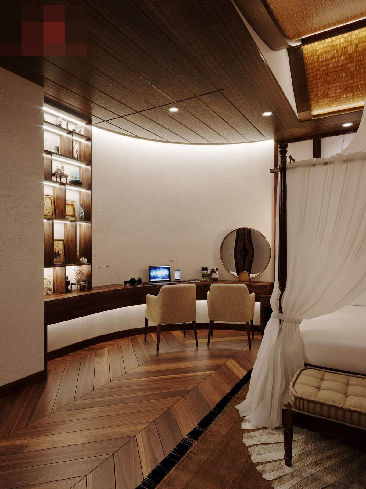 Bàn trang điểm kiêm bàn làm việc chạy bo tròn theo góc nhà.