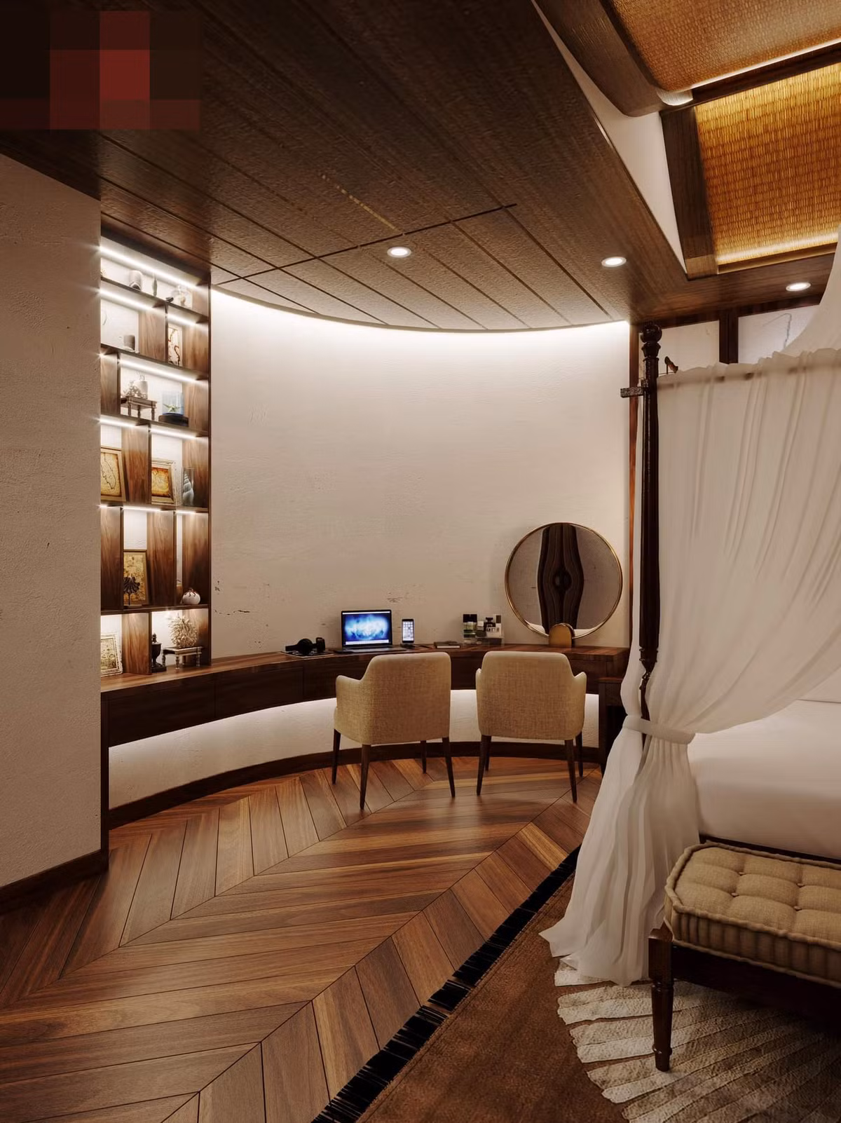 Bàn trang điểm kiêm bàn làm việc chạy bo tròn theo góc nhà.