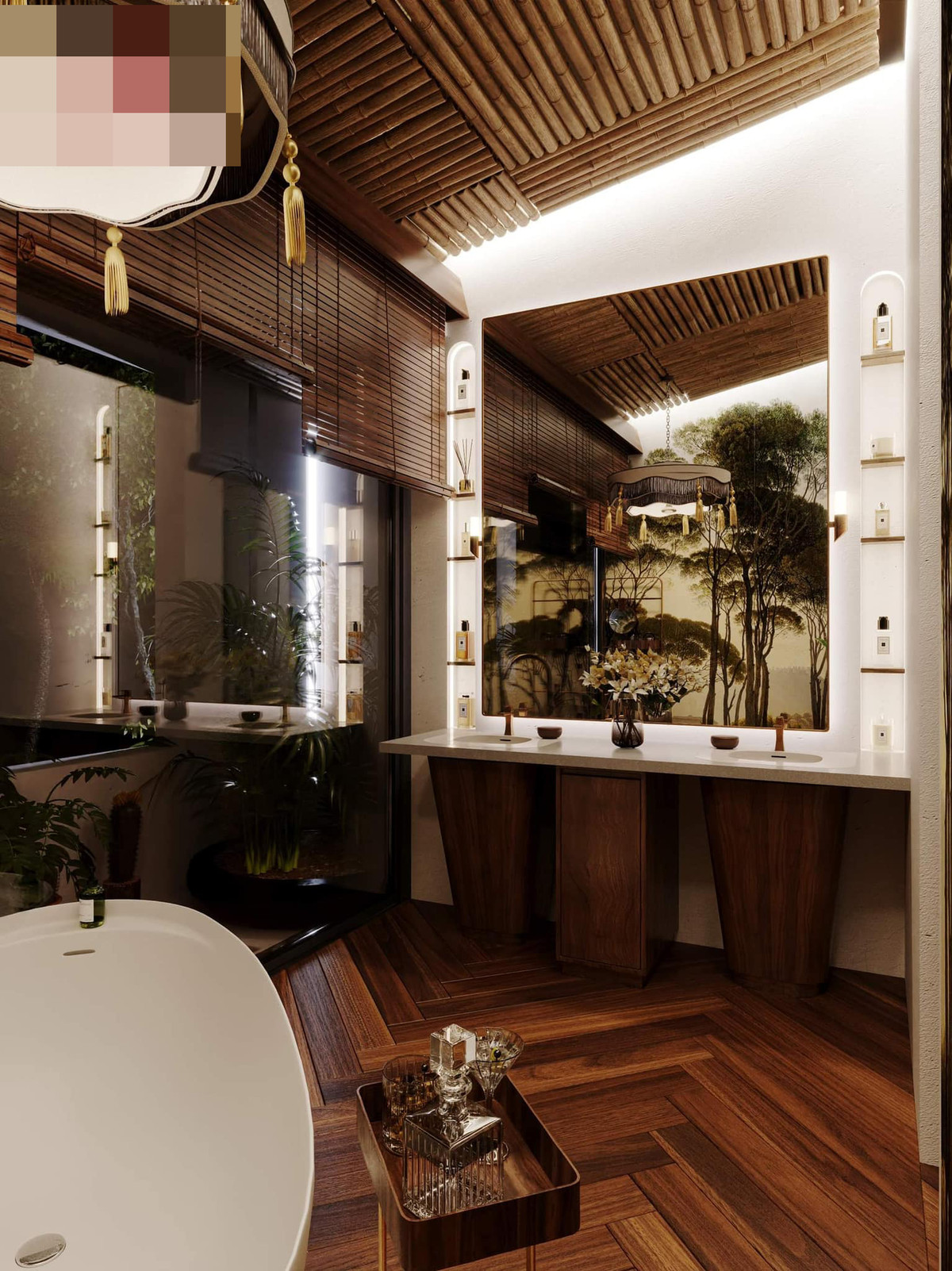 Phòng tắm hòa mình với thiên nhiên với thiết bị hiện đại.