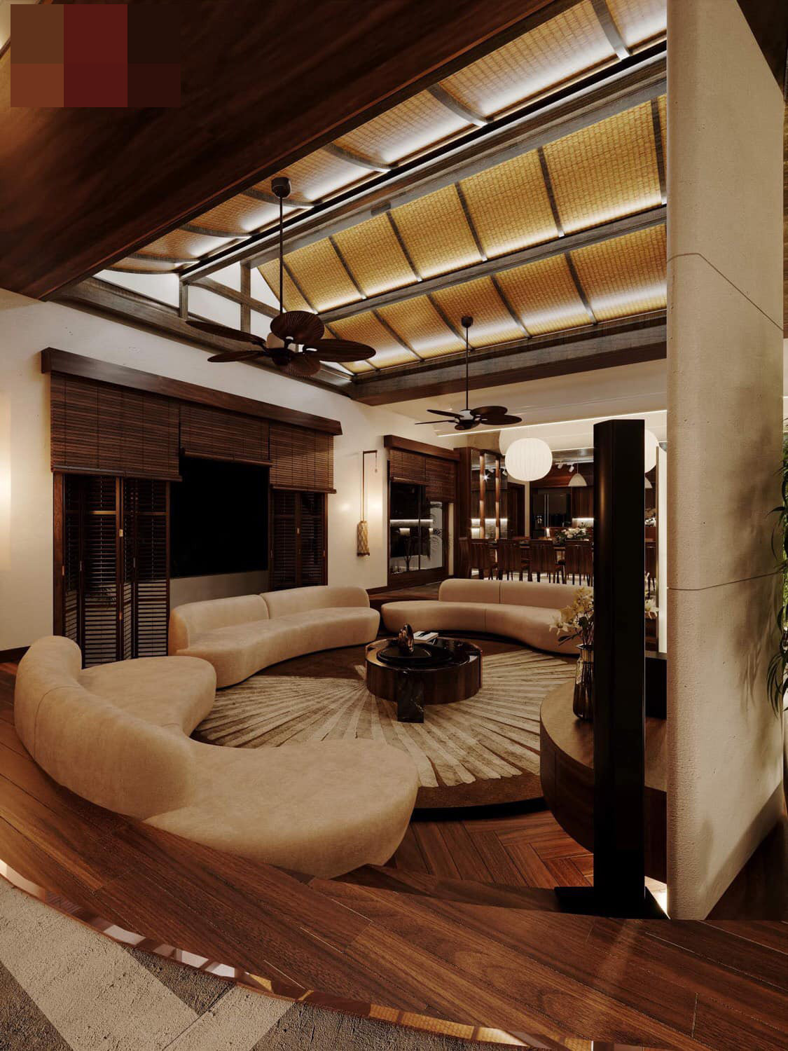 Công trình có sự kết hợp hài hòa cả kiến trúc châu Á và châu Âu. Phần mái thiết kế đặc biệt, giúp chống nóng, tăng tính nghệ thuật và thoát khỏi sự cứng nhắc của trần thạch cao hiện đại.