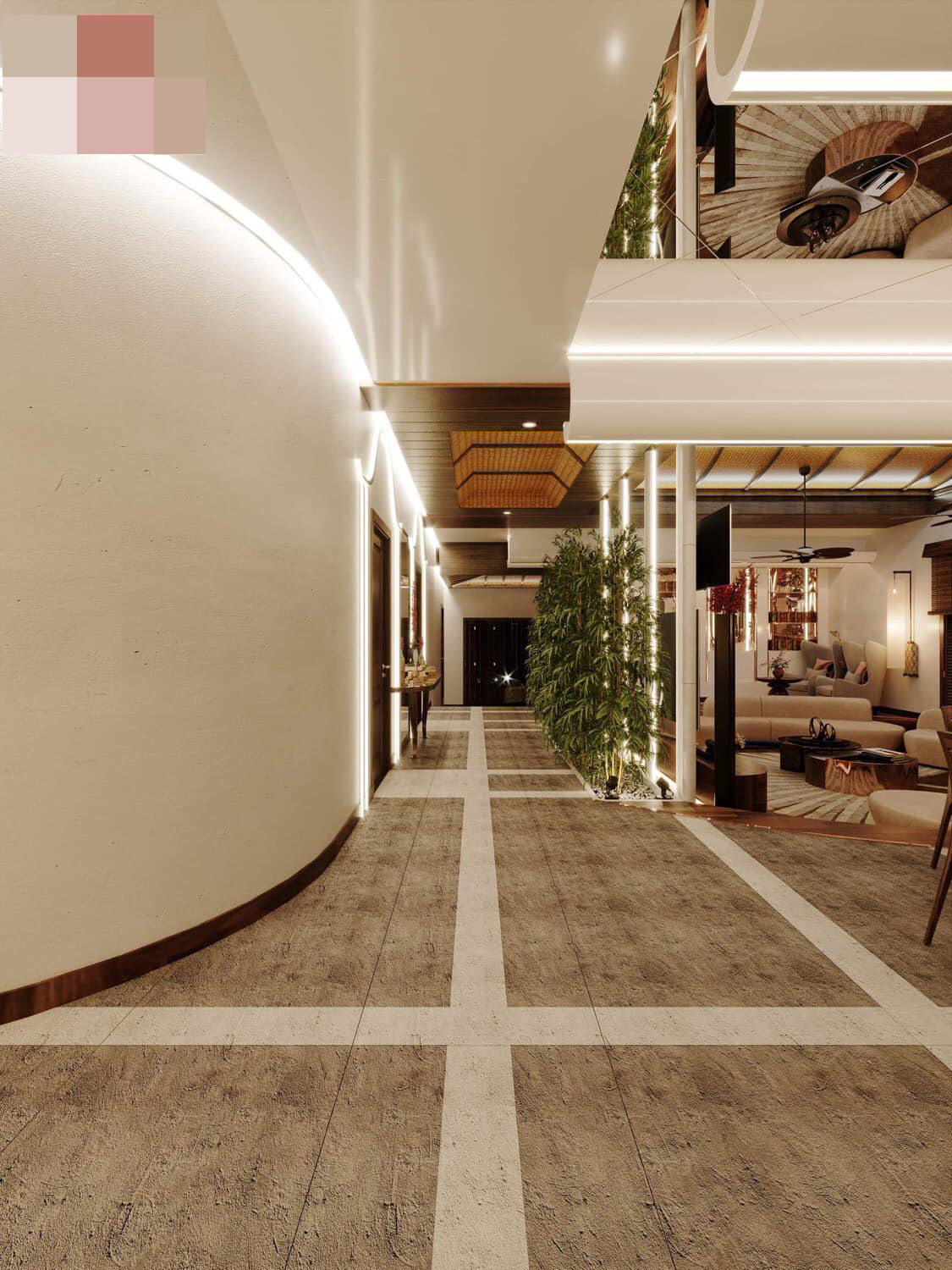Sảnh dẫn vào các không gian sinh hoạt sang trọng như khách sạn cao cấp với điểm nhấn là hàng cây cảnh xanh mướt.