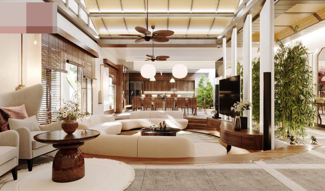 Phòng khách rộng nằm ở trung tâm của tầng với ghế sofa lớn, xếp theo hình tròn.