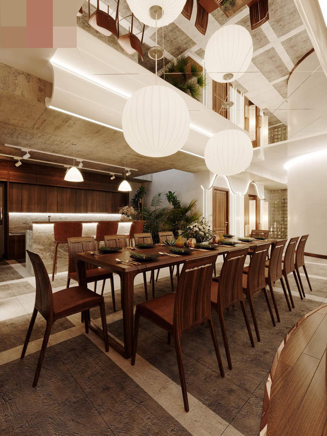 Nơi sum vầy của vợ chồng gia chủ với các con và cũng là nơi đón khách quý đến dùng bữa vào các dịp hội hè, lễ tết.