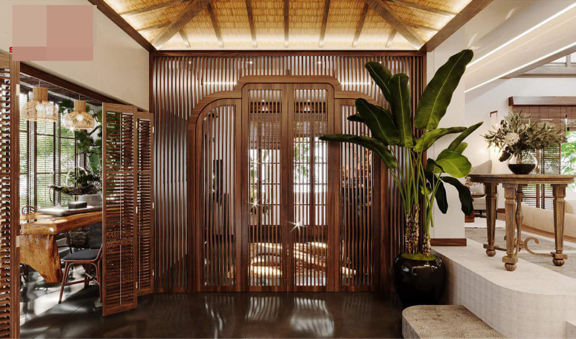 Tấm bình phong gỗ đầy tinh tế ngăn phòng thờ và không gian bên ngoài. Đảm bảo phòng thờ luôn kín đáo, riêng tư nhưng không bị cô lập trong tổng thể nhà.