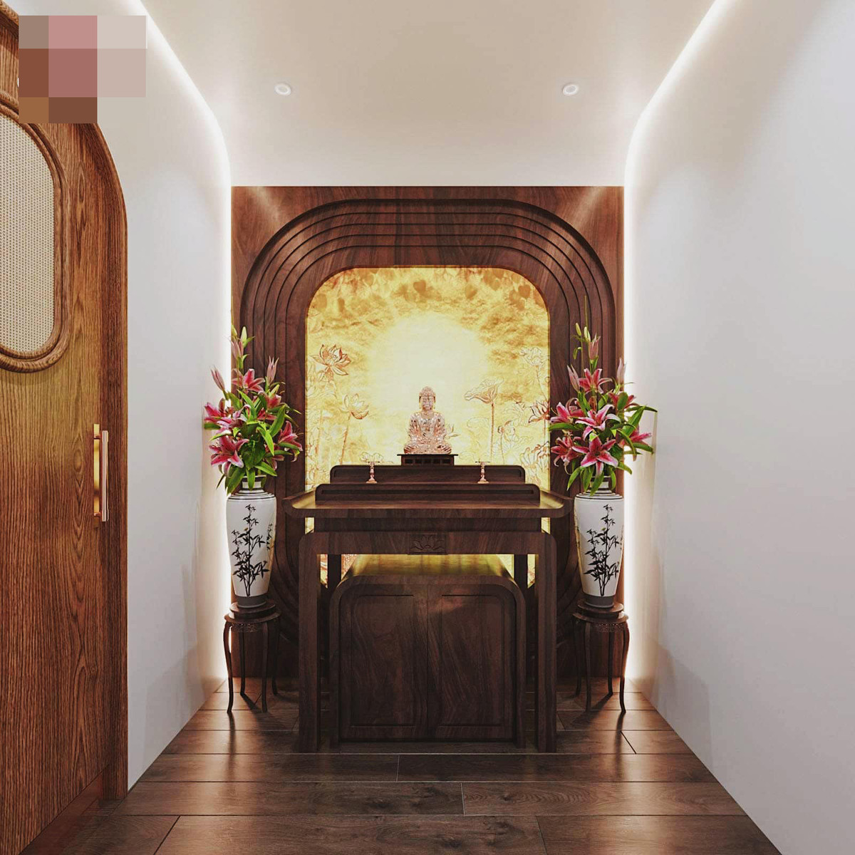 br/> Góc tâm linh đơn giản nhưng vẫn thể hiện được sự linh thiêng, nằm trên tầng cao nhất. Phòng thờ được kiến trúc sư chú trọng về phong thủy nhiều nhất. Ví dụ: Không nằm trên bếp, không nằm trên nhà vệ sinh...