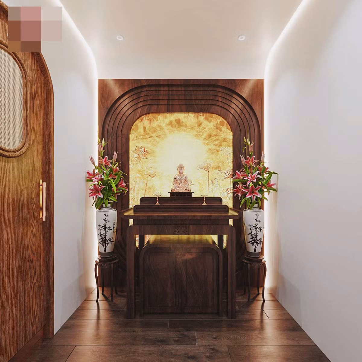 br/> Góc tâm linh đơn giản nhưng vẫn thể hiện được sự linh thiêng, nằm trên tầng cao nhất. Phòng thờ được kiến trúc sư chú trọng về phong thủy nhiều nhất. Ví dụ: Không nằm trên bếp, không nằm trên nhà vệ sinh...