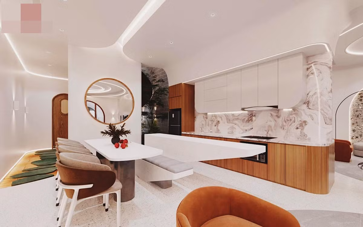 Ngôi nhà có 2 phòng bếp. Phòng bếp chính ở tầng 1, liên thông với phòng khách, phục vụ những bữa cơm hàng ngày.