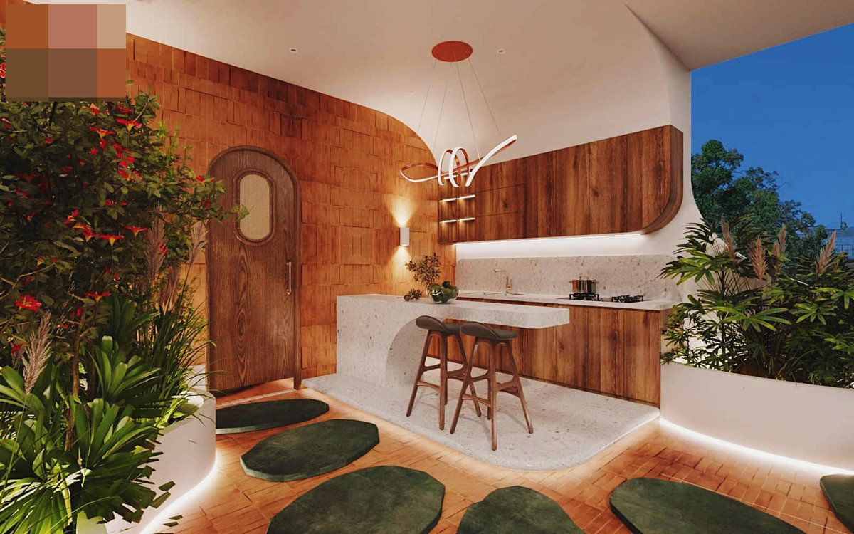 Một phòng bếp trên sân thượng phục vụ các buổi tiệc hoặc gia chủ muốn thay đổi không khí. Khu vực nấu này cũng đầy đủ thiết bị và dụng cụ nấu như bếp chính.