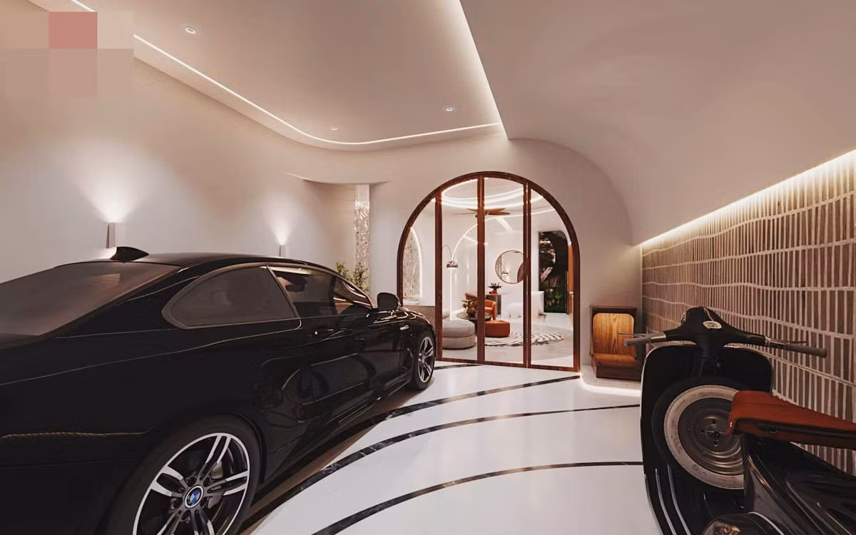 Phần sân cổng kết hợp gara để xe.