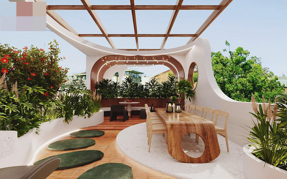 Khu vực sân thượng dành làm vườn và đặt bộ bàn ăn lớn. Do đây là khu vực ngoài trời nên mọi chất liệu sử dụng đều chống thấm.