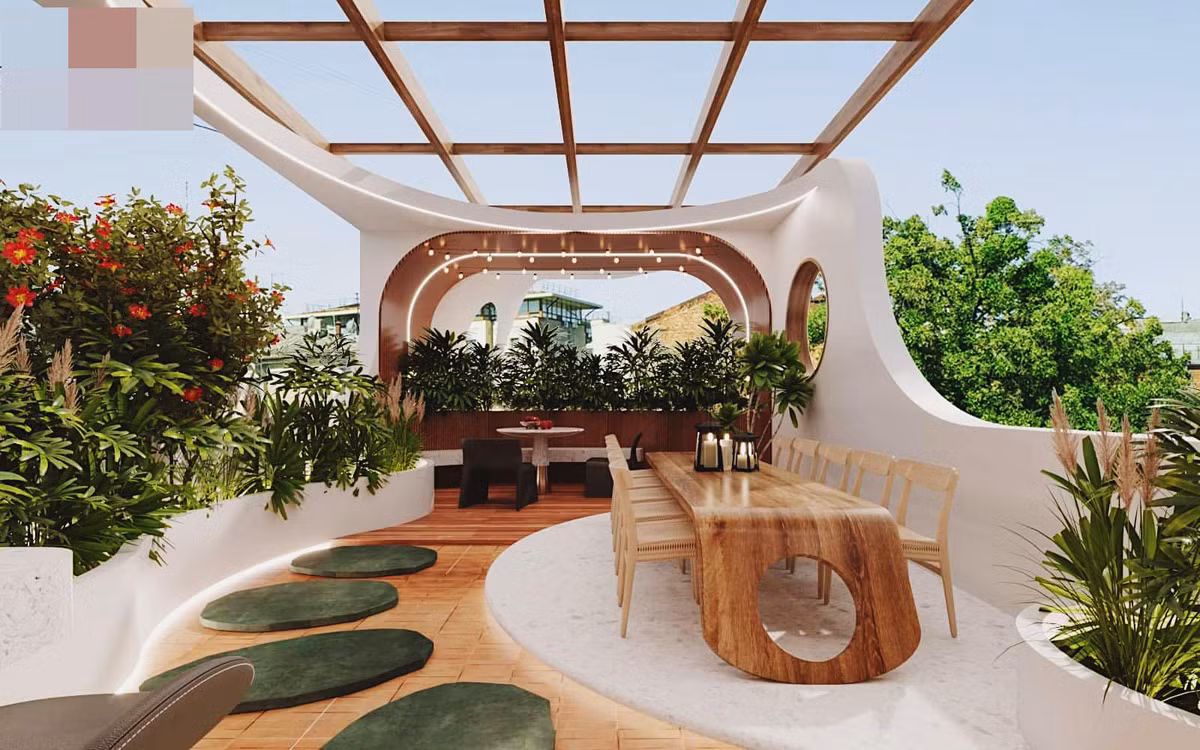 Khu vực sân thượng dành làm vườn và đặt bộ bàn ăn lớn. Do đây là khu vực ngoài trời nên mọi chất liệu sử dụng đều chống thấm.