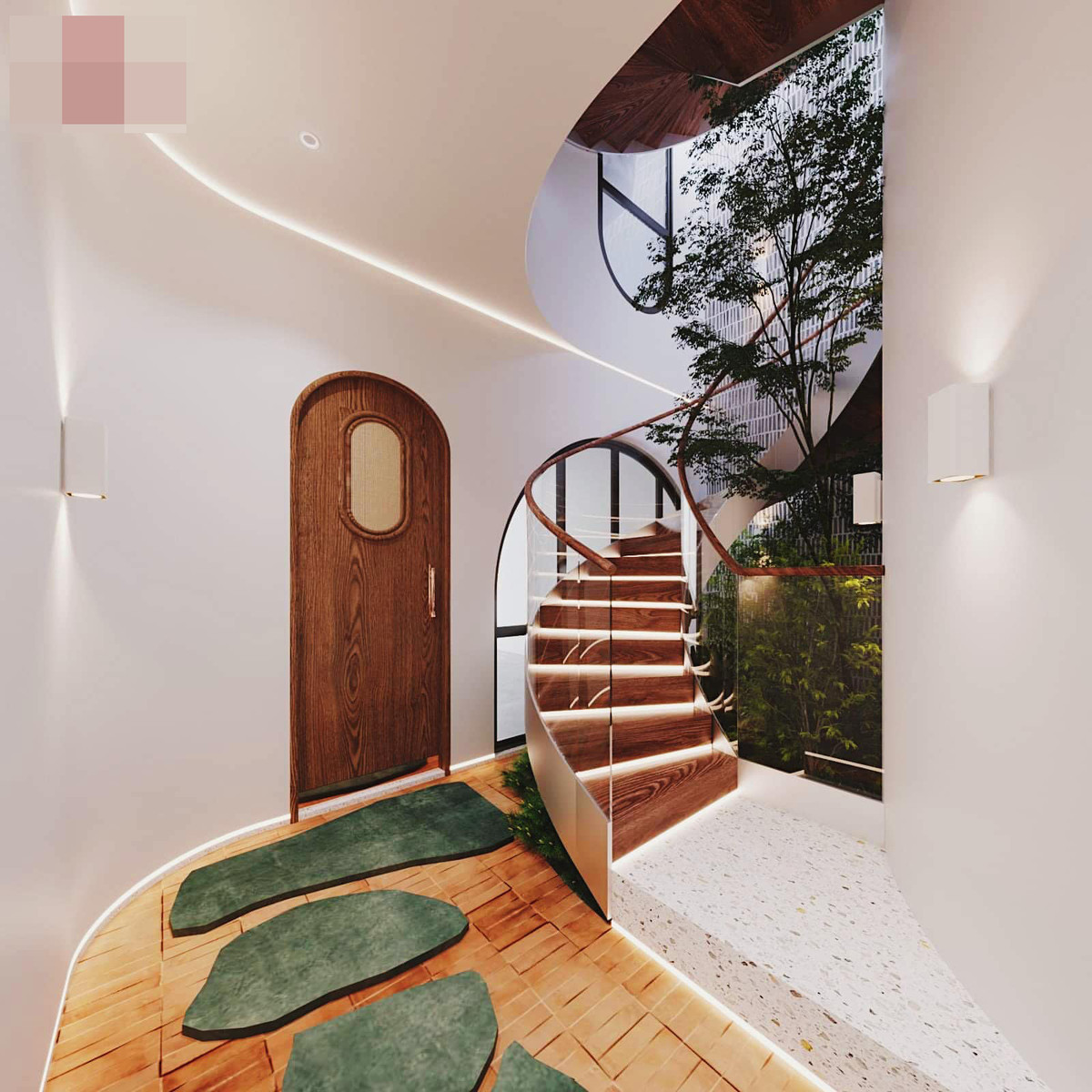 Các lối dẫn lên tầng là giếng trời lấy gió, ánh sáng và lưu thông không khí. Cầu thang xoắn ốc mềm mại.