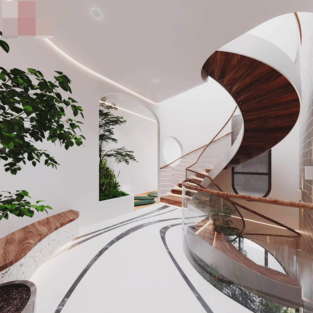 Khu vực sảnh phân bổ nhiều cây xanh, mang đến sinh khí tốt cho nhà.