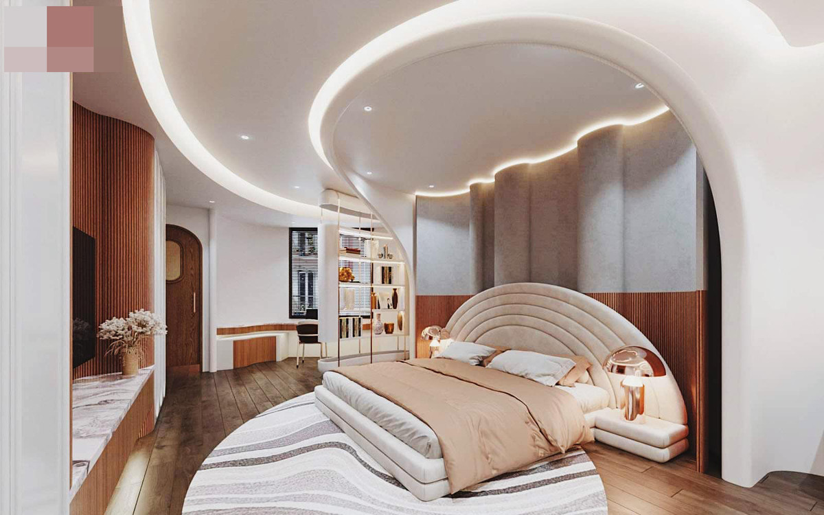 Phòng ngủ master với giường bọc nhung êm ái, dễ chịu.