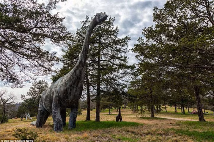 Một bản sao của loài khủng long cổ dài Diplodocus giữa những tán cây, xung quanh là những mô hình con trong đàn của nó.
