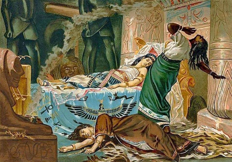 ##sc### Cleopatra không chết vì bị rắn độc cắn: Cái chết của nữ hoàng Ai Cập là giai thoại huyền bí mà đến giờ vẫn không có câu trả lời chính xác. Sau khi nghe tin bại trận, bà viết bức thư tuyệt mệnh gửi cho lính canh rồi tự sát bằng cách để rắn độc cắn. Tuy nhiên, các học giả nghiên cứu cho rằng nọc rắn không tác dụng nhanh đến vậy, có thể Cleopatra chết vì uống thuốc độc và tình tiết con rắn được thêm vào cho kịch tính,
