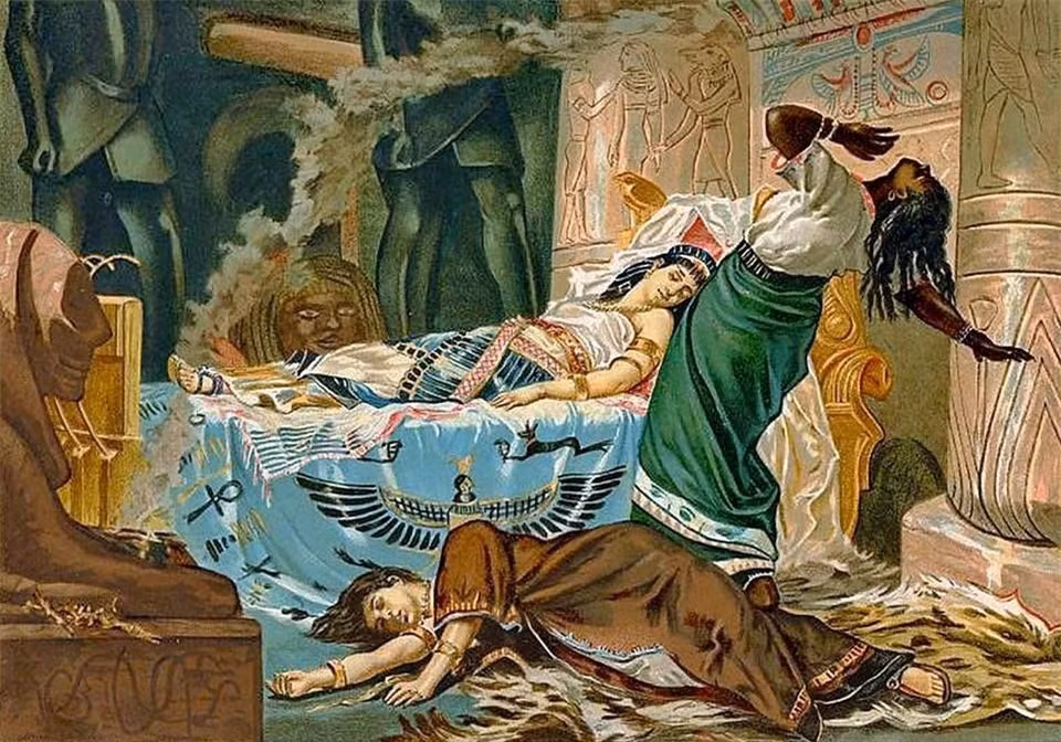  Cleopatra không chết vì bị rắn độc cắn: Cái chết của nữ hoàng Ai Cập là giai thoại huyền bí mà đến giờ vẫn không có câu trả lời chính xác. Sau khi nghe tin bại trận, bà viết bức thư tuyệt mệnh gửi cho lính canh rồi tự sát bằng cách để rắn độc cắn. Tuy nhiên, các học giả nghiên cứu cho rằng nọc rắn không tác dụng nhanh đến vậy, có thể Cleopatra chết vì uống thuốc độc và tình tiết con rắn được thêm vào cho kịch tính, 