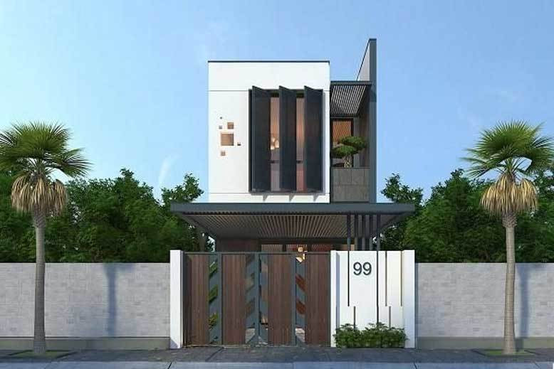 Mẫu nhà này có kiến trúc bắt mắt, nổi bật nhờ hệ cửa gỗ độc đáo. KTS còn thiết kế giếng trời tạo sự phá cách cho tầng 2, giúp lấy ánh sáng và không khí trong lành cho không gian trong nhà