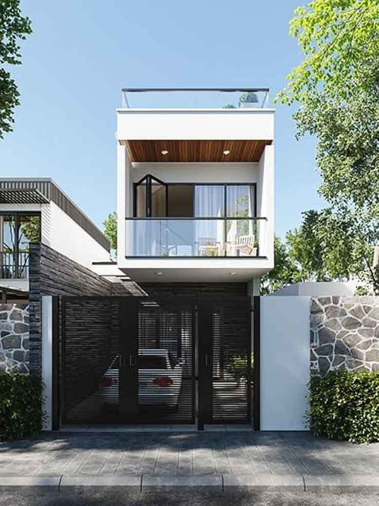 Sự đơn giản về kiến trúc và lối trang trí giúp tiết kiệm nhiều chi phí xây dựng cho gia chủ. Phần mái bằng có thể tận dụng để đặt bình nước năng lượng mặt trời, phơi quần áo hoặc trồng cây