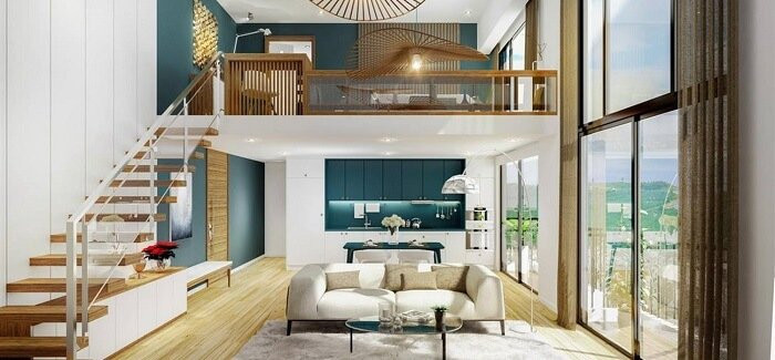 Mẫu căn hộ có gác lửng này được lấy cảm hứng từ kiến trúc kiểu Mỹ. Nhờ vậy, gia chủ có thể tận hưởng cuộc sống Manhattan ngay trong chính căn hộ của mình. Gác lửng không chỉ giúp làm tăng thêm diện tích của căn hộ mà còn giúp gia chủ dễ dàng tùy biến thiết kế không gian phù hợp với từng thay đổi cuộc sống.