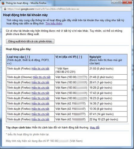 Dau hieu Gmail cua ban dang bi xam nhap trai phep