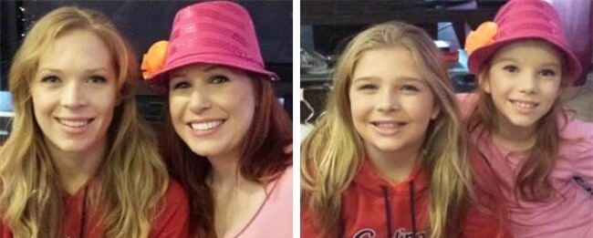 Bức hình bên trái là hai chị em gái, bức hình bên phải cũng là hai chị em gái nhưng không phải họ hồi bé đâu nhé. Đó là con của họ.