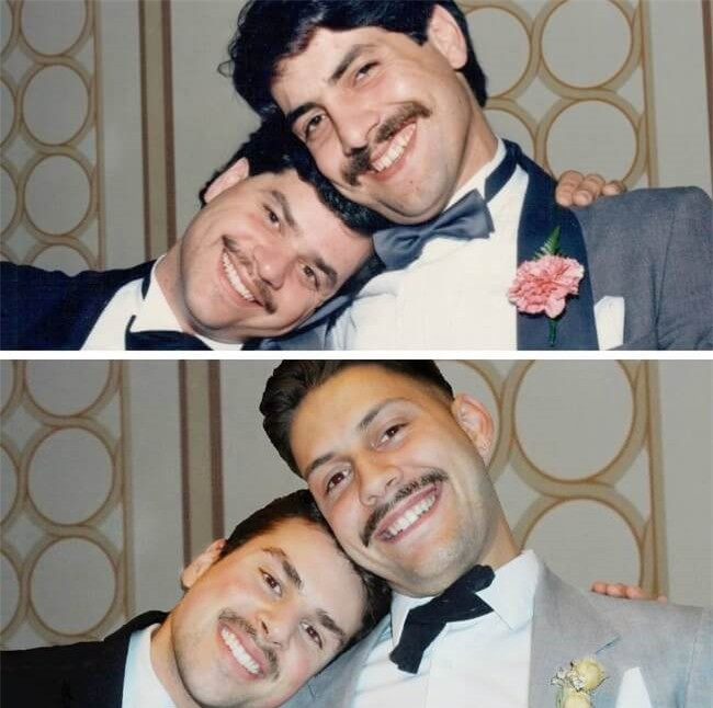 Trường hợp này thật đặc biệt, 2 người bố giống nhau như 2 anh em, sinh ra 2 người con cũng giống nhau như 2 anh em.