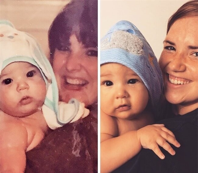 Đây là 2 cặp mẹ con. Người mẹ ôm con gái của mình (bên trái) và cô gái khi lớn lên chụp ảnh cùng con trai của cô ấy (bên phải).