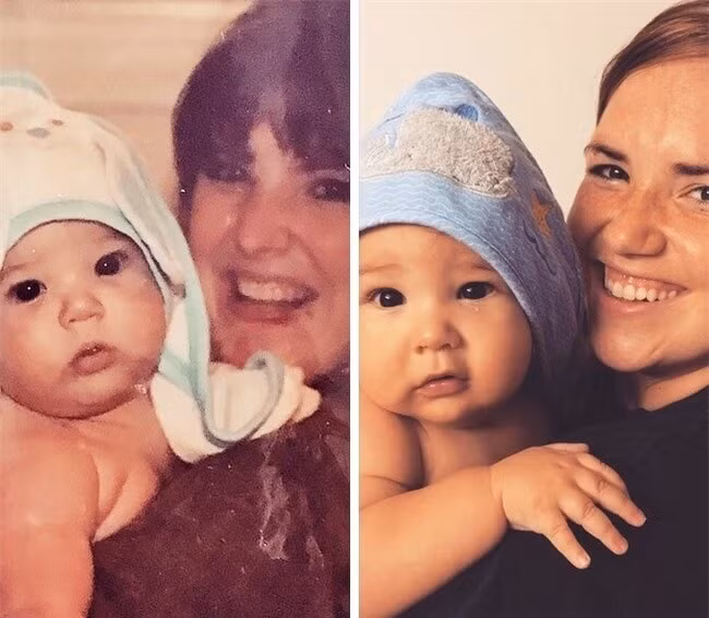 Đây là 2 cặp mẹ con. Người mẹ ôm con gái của mình (bên trái) và cô gái khi lớn lên chụp ảnh cùng con trai của cô ấy (bên phải).