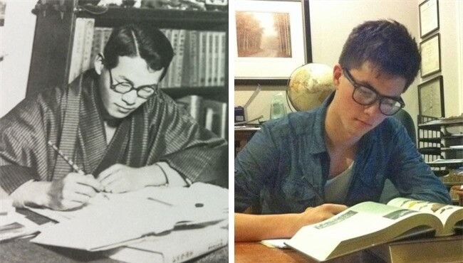 Người cháu ở tuổi 20 (bên phải) cũng không khác gì ông ngoại của mình phải không nào.