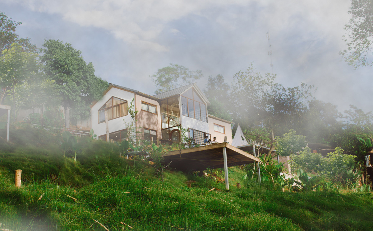 Co gai ve que dung ngoi nha go cheo leo ben suon nui dep me hon