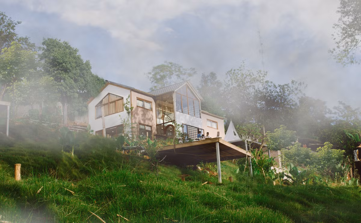 Co gai ve que dung ngoi nha go cheo leo ben suon nui dep me hon