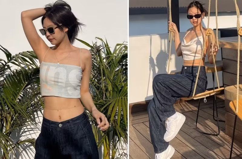 Bộ đôi áo crop-top hai dây siêu mảnh cùng quần cạp cao mahg đến thần thái sang chảnh cho Jennie nhưung 'spotlight' của 2 outfit này lại nằm ở chiếc phụ kiện nhỏ mà có võ - chiếc belly chain được Jennie mang ở eo.