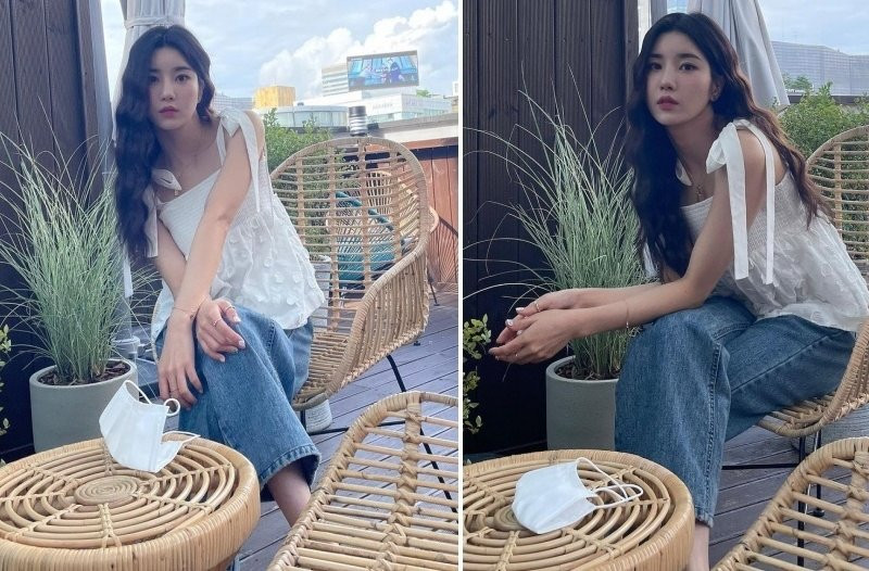 Eunbi kết hợp áo thắt dây phom babydoll cùng quần ống suông thì cứ gọi là 'chuẩn bài'.