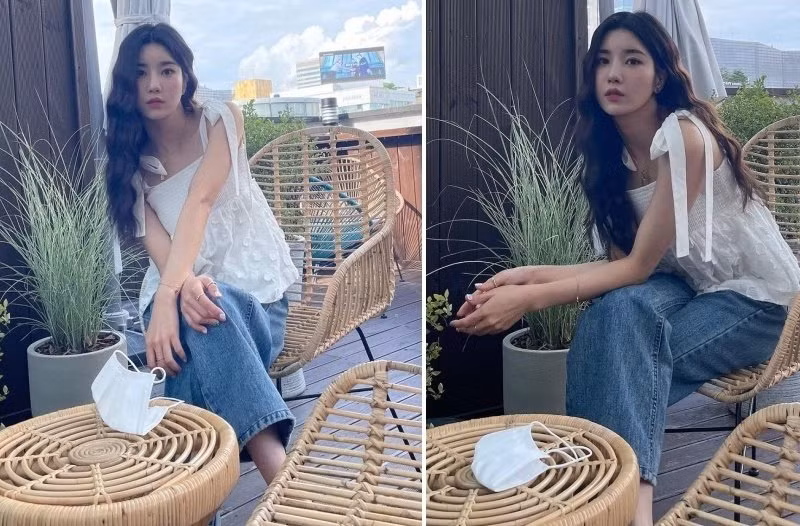 Eunbi kết hợp áo thắt dây phom babydoll cùng quần ống suông thì cứ gọi là 'chuẩn bài'.