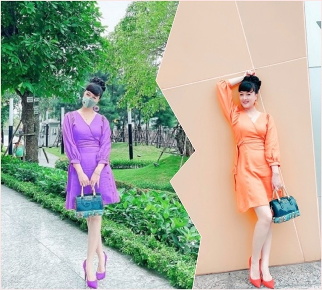 Nàng Diễm Loan của “Hướng dương ngược nắng” yêu kiều diện chiếc váy màu tím và màu cam tay dài vạt chéo cùng đôi giày tone-sur-tone. Cô mix cùng túi xách màu xanh để cân bằng màu sắc và hợp bối cảnh.