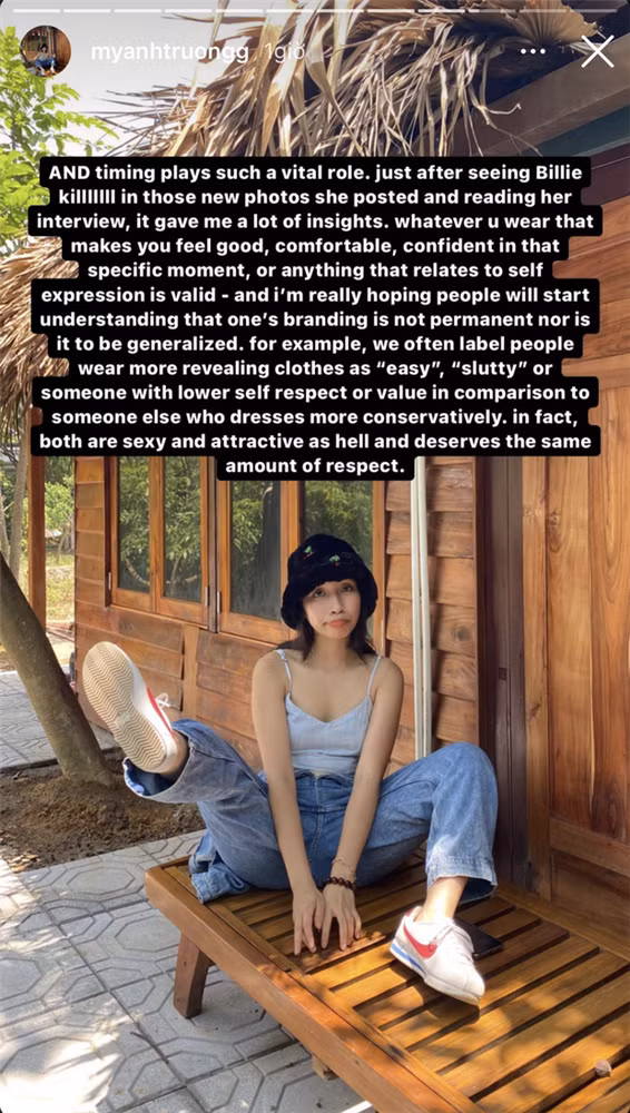 Sau khi xuất hiện các ý kiến phản đối, Mỹ Anh đã có bài giải thích bằng tiếng Anh cho hay trước giờ cô nàng thường mặc đồ rộng để che đi khuyết điểm của bản thân do không tự tin nhưng sau một lần xem được phỏng vấn của Billie Eilish, Mỹ Anh quyết định cởi mở hơn trong phong cách ăn mặc