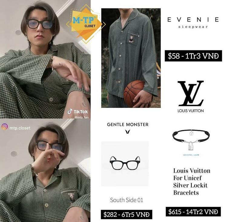 ơn Tùng là sao nam có đồ xịn xò không kém các mỹ nhân Vbiz. Giọng ca ''Lạc Trôi'' diện bộ pyjama họa tiết kẻ ca rô từ một thương hiệu Hàn Quốc có giá 1,3 triệu đồng. Tuy nhiên phụ kiện đi kèm như mắt kính, vòng tay thì chẳng hề rẻ chút nào.