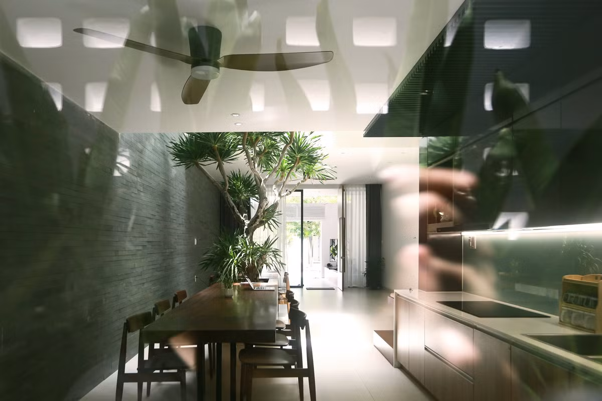 Gian bếp và phòng ăn rộng rãi, mát mẻ dưới tán cây.