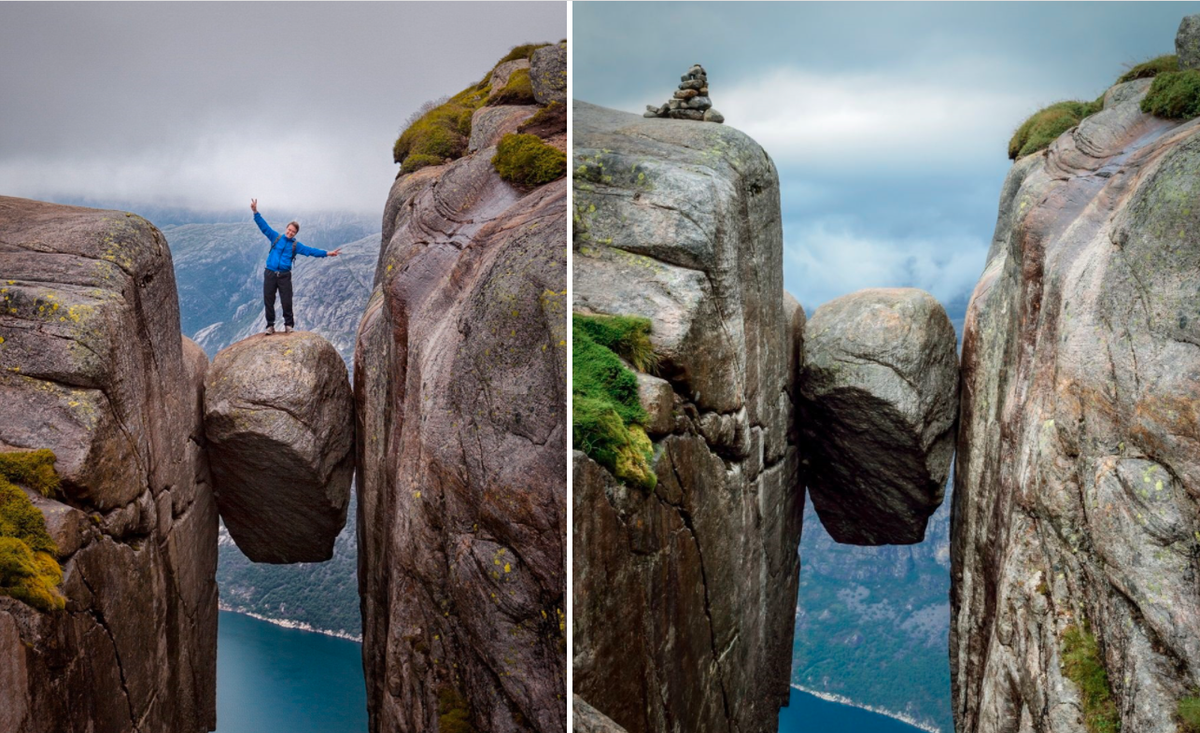 Kjeragbolten, Na Uy: Kjeragbolten là đảng đá 5 m3 nằm kẹt giữa hai vách núi đá ở Lysefjorden ở độ cao 984 m so với mặt đất. Dù có vẻ hiểm trở, du khách có thể dễ dàng lên đây mà không cần thiết bị đặc biệt. Tuy đứng trên Kjeragbolten tương đối an toàn, người leo vẫn được khuyến cáo nên thận trọng. Ảnh: Unusual Places.