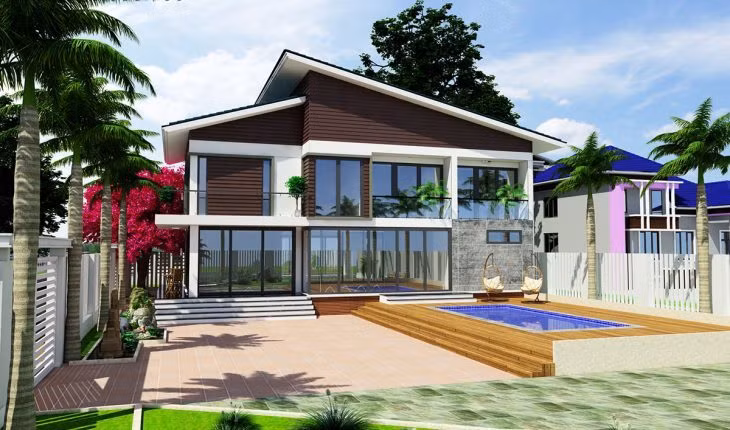  Với bể bơi ở mặt tiền, căn biệt thự 2 tầng này trở thành không gian nghỉ dưỡng lý tưởng. Nhờ sử dụng hệ thống cửa kính, căn biệt thự có thể lấy được ánh sáng tốt, giúp không gian bên trong và bên ngoài gần với nhau hơn.