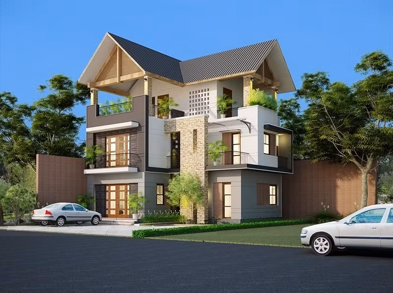 Đây là mẫu biệt thự phố mái thái chữ L có bố cục khoa học, hệ thống trụ cột đơn giản nhưng tạo cảm giác vững chắc. Gạch ốp màu sắc bắt mắt, đan xen cây cảnh xanh mát giúp biệt thự trông mềm mại, gần gũi với thiên nhiên