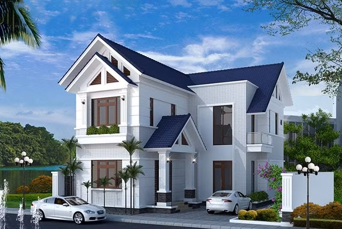 Căn nhà này gây ấn tượng bởi sắc xanh đậm của mái thái. Mái có độ dốc cao, vừa tạo cảm giác căn nhà cao ráo, vừa giúp thoát nước dễ dàng