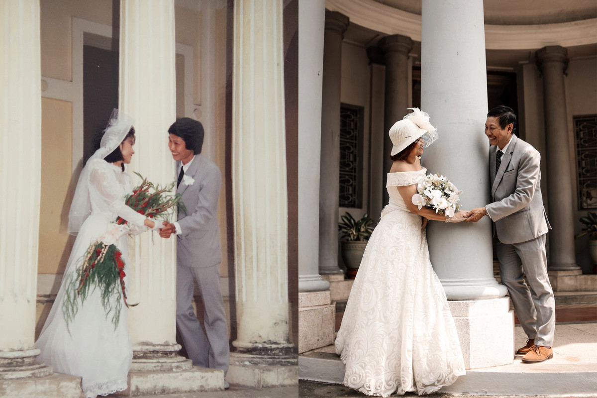 Doi vo chong tai hien bo anh cuoi tu 30 nam truoc